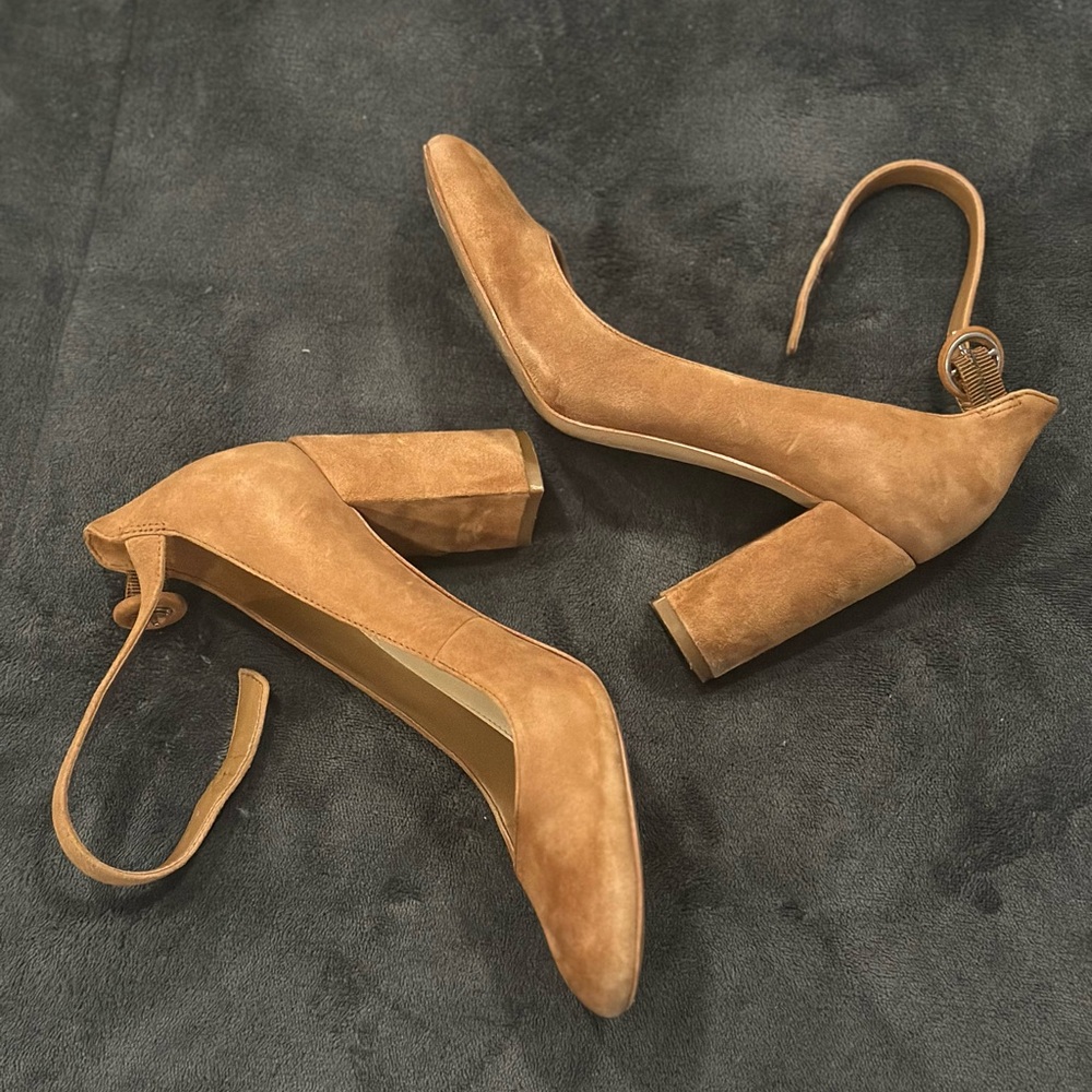 Tan genuine leather brown Suede block chunky Heels ankle strap shoes cute & sexy